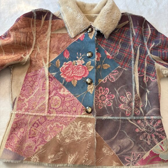 Patchwork Womens Jacket With Faux Shearling Collar & Button Closure Size Small - Picture 9 of 12